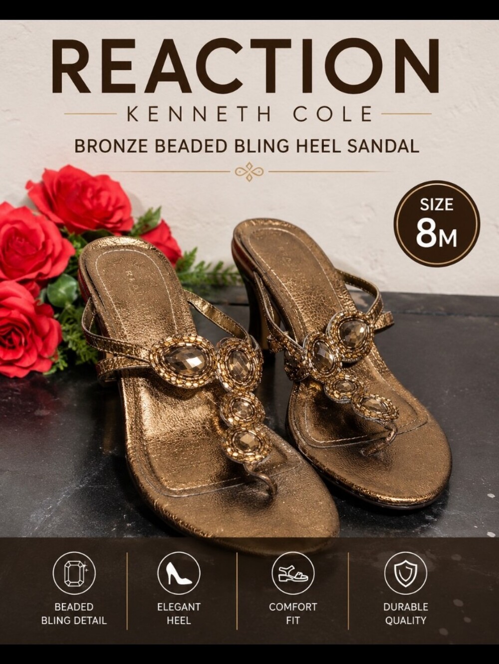 REACTION Kenneth Cole SBronze Beaded Bling Heel Sandal 8M
